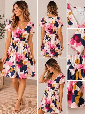 Old Navy White Pink Navy Floral V-Neck Fit & Flare Dress S